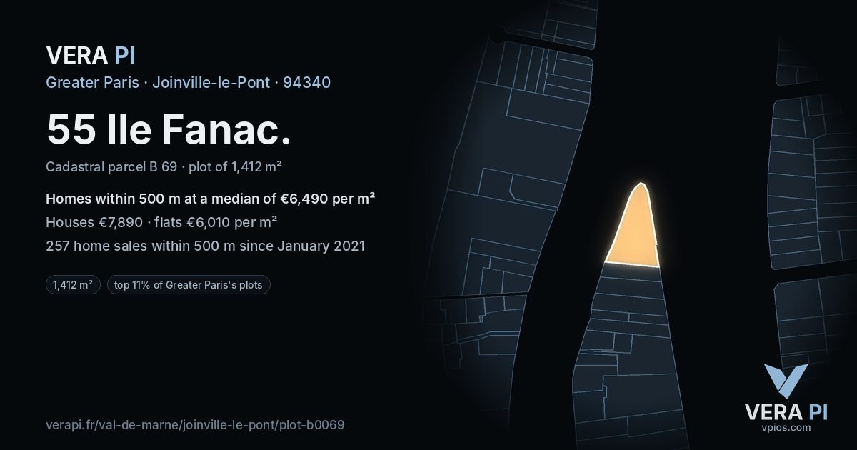 55 Ile Fanac, Joinville-le-Pont at night – the plot lit, the parcels around coloured by the prices near them