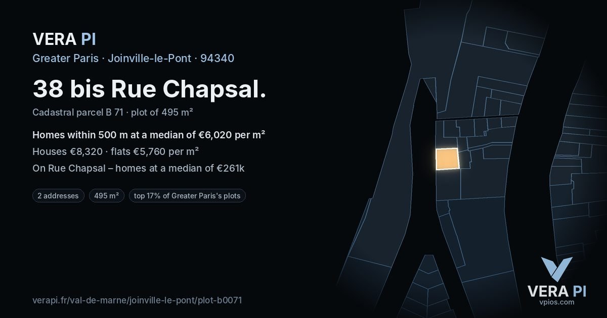 38 bis Rue Chapsal, Joinville-le-Pont at night – the plot lit, the parcels around coloured by the prices near them
