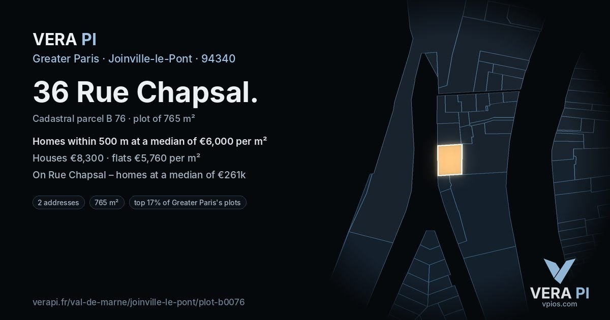 36 Rue Chapsal, Joinville-le-Pont at night – the plot lit, the parcels around coloured by the prices near them