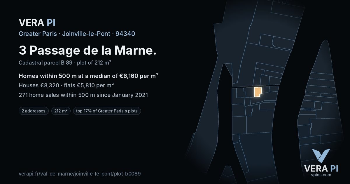 3 Passage de la Marne, Joinville-le-Pont at night – the plot lit, the parcels around coloured by the prices near them