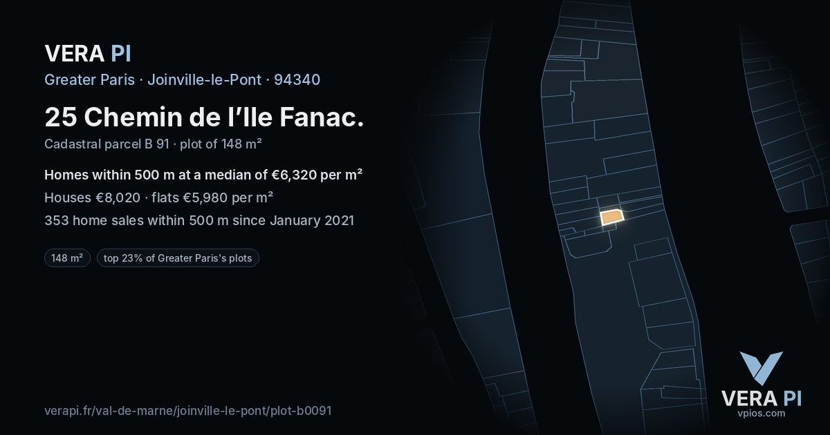 25 Chemin de l’Ile Fanac, Joinville-le-Pont at night – the plot lit, the parcels around coloured by the prices near them