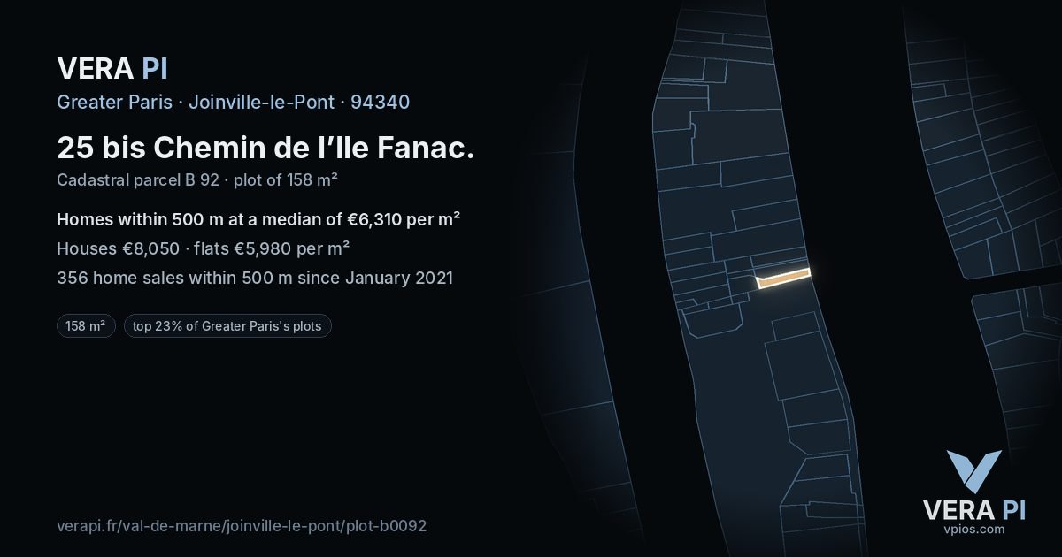 25 bis Chemin de l’Ile Fanac, Joinville-le-Pont at night – the plot lit, the parcels around coloured by the prices near them