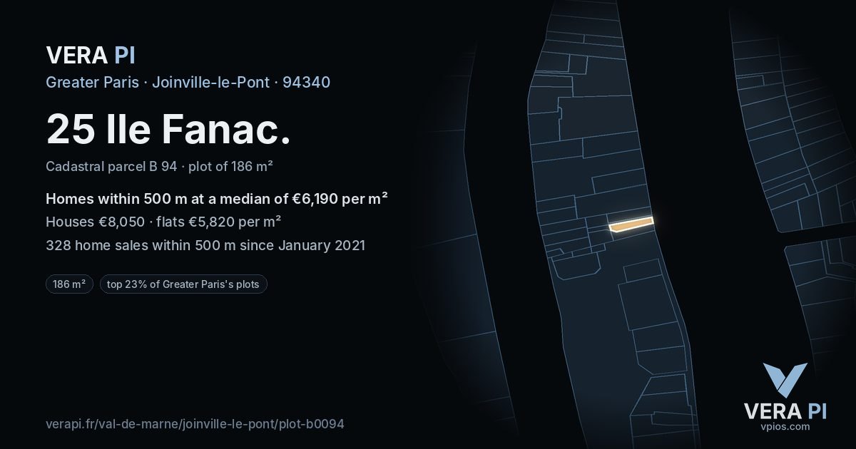 25 Ile Fanac, Joinville-le-Pont at night – the plot lit, the parcels around coloured by the prices near them