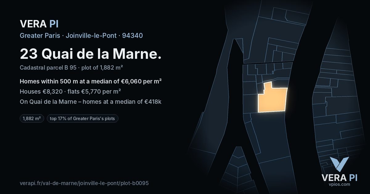 23 Quai de la Marne, Joinville-le-Pont at night – the plot lit, the parcels around coloured by the prices near them