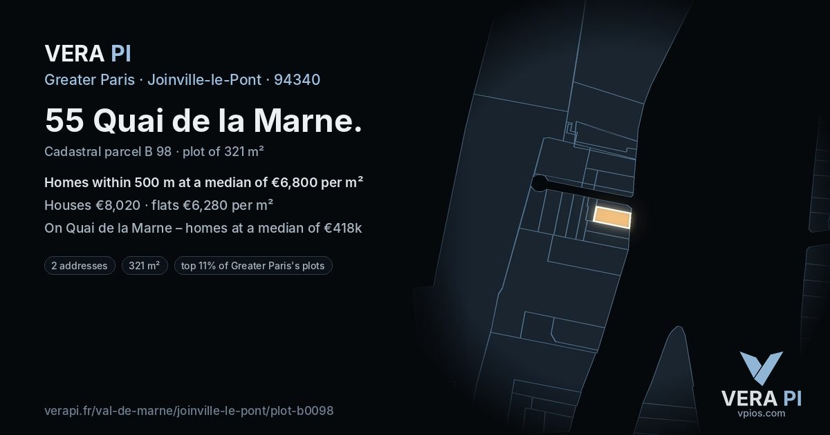 55 Quai de la Marne, Joinville-le-Pont at night – the plot lit, the parcels around coloured by the prices near them