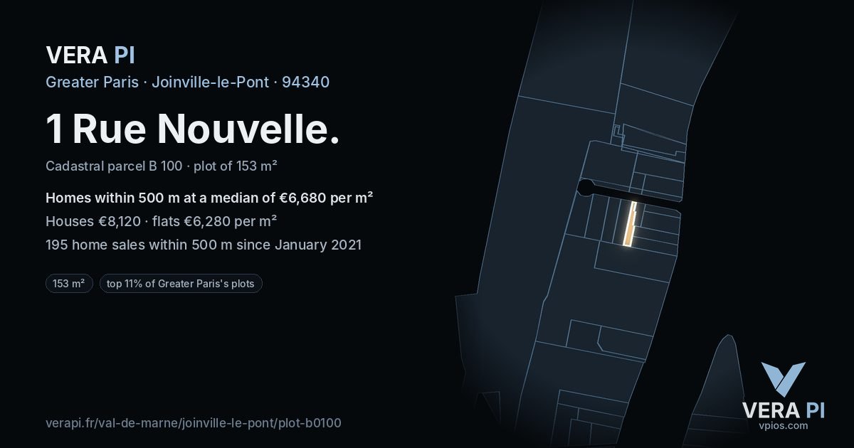 1 Rue Nouvelle, Joinville-le-Pont at night – the plot lit, the parcels around coloured by the prices near them