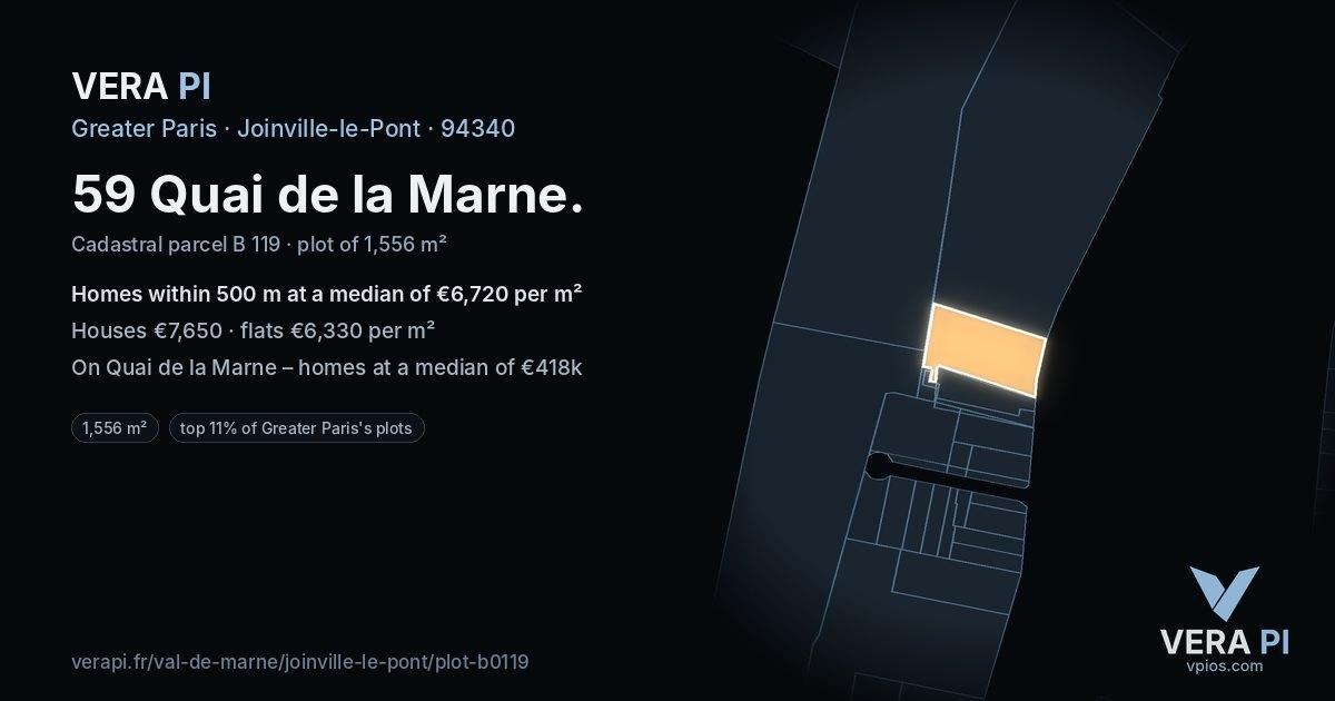 59 Quai de la Marne, Joinville-le-Pont at night – the plot lit, the parcels around coloured by the prices near them