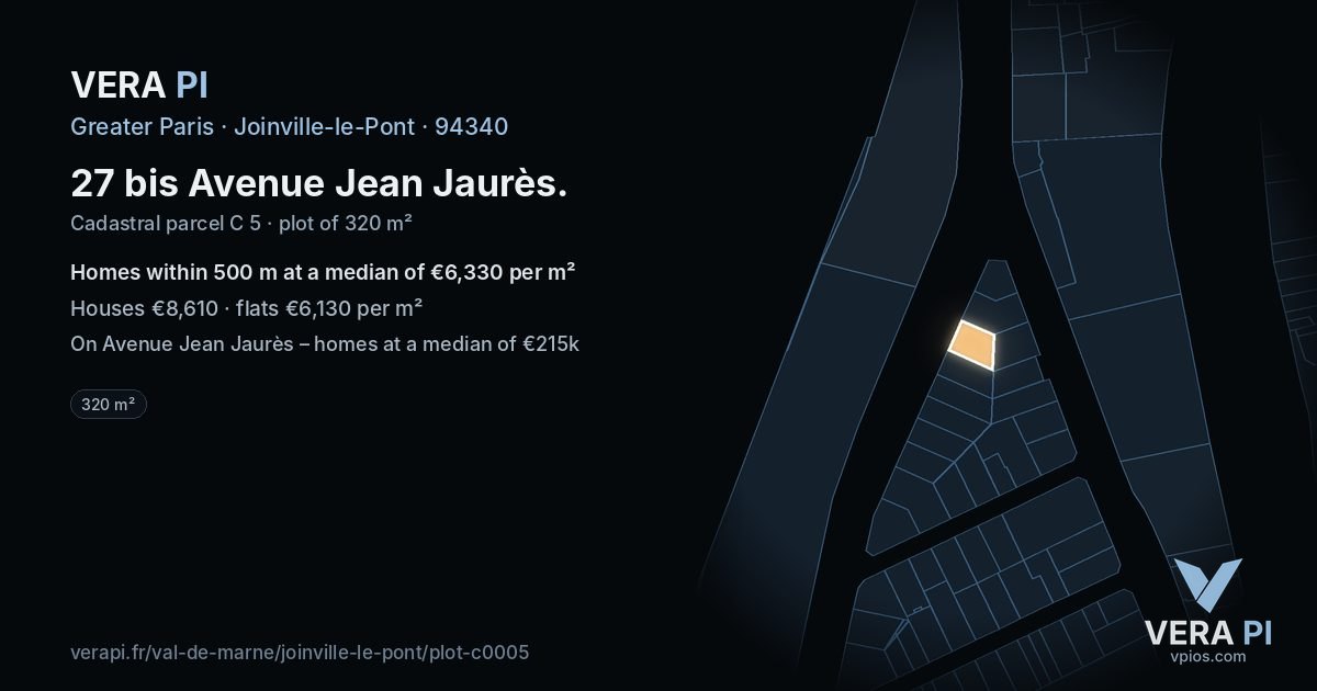 27 bis Avenue Jean Jaurès, Joinville-le-Pont at night – the plot lit, the parcels around coloured by the prices near them
