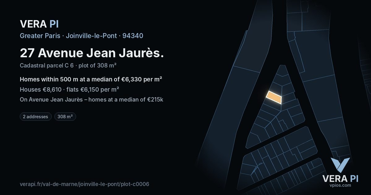 27 Avenue Jean Jaurès, Joinville-le-Pont at night – the plot lit, the parcels around coloured by the prices near them