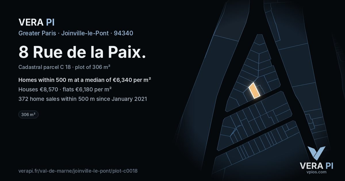 8 Rue de la Paix, Joinville-le-Pont at night – the plot lit, the parcels around coloured by the prices near them