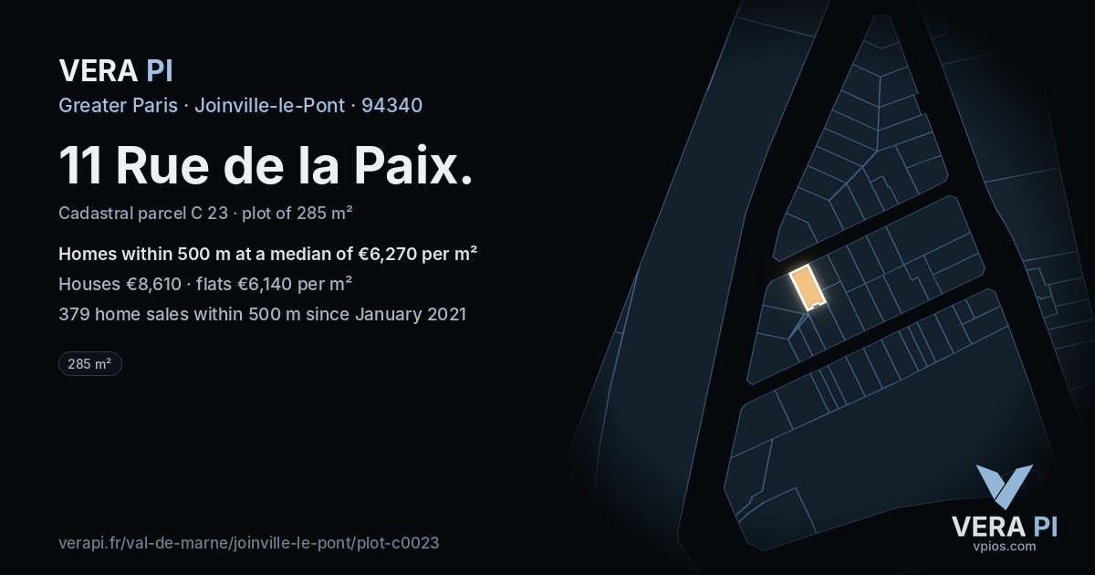 11 Rue de la Paix, Joinville-le-Pont at night – the plot lit, the parcels around coloured by the prices near them