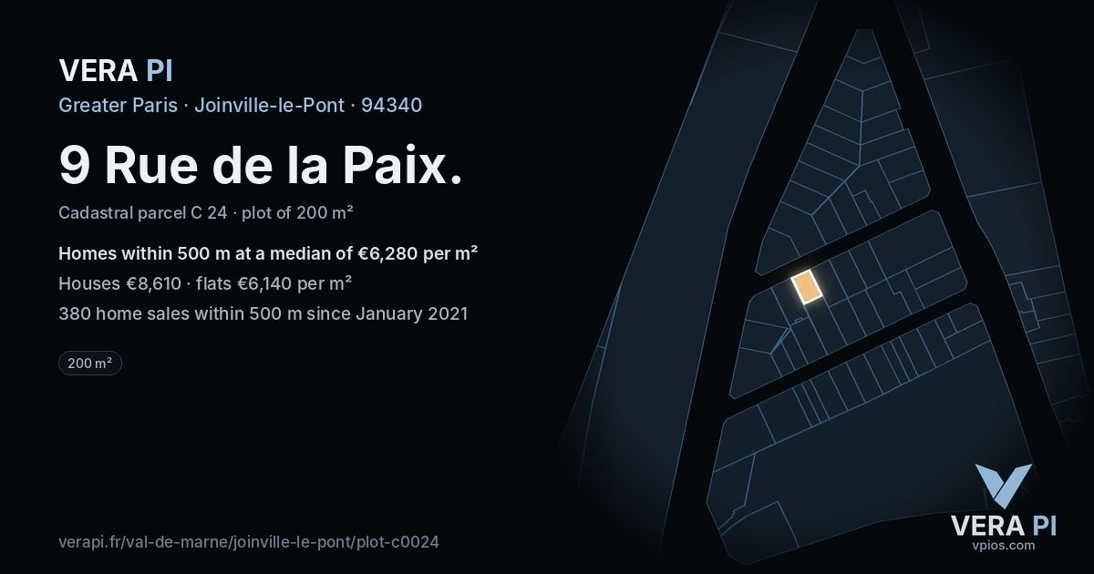 9 Rue de la Paix, Joinville-le-Pont at night – the plot lit, the parcels around coloured by the prices near them