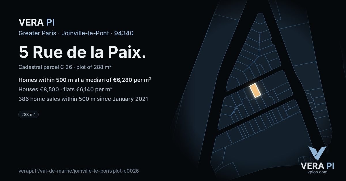 5 Rue de la Paix, Joinville-le-Pont at night – the plot lit, the parcels around coloured by the prices near them