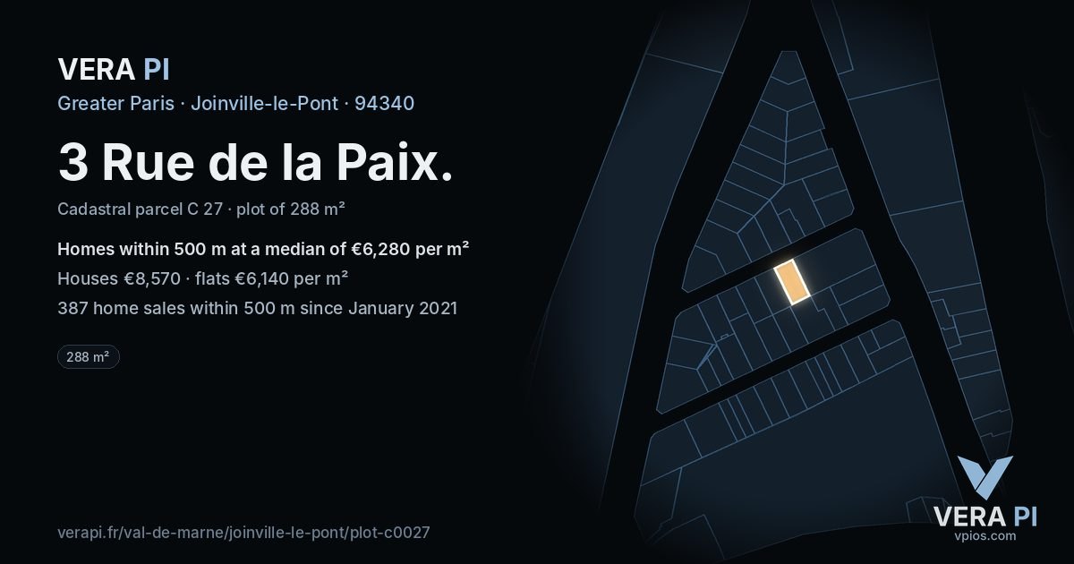 3 Rue de la Paix, Joinville-le-Pont at night – the plot lit, the parcels around coloured by the prices near them