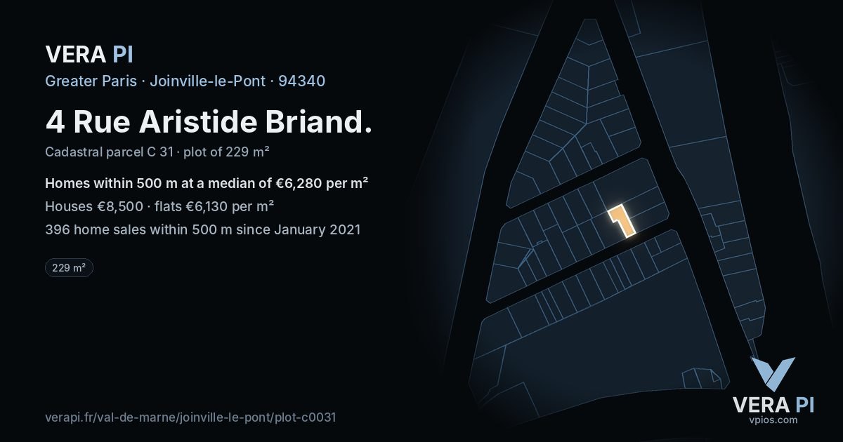 4 Rue Aristide Briand, Joinville-le-Pont at night – the plot lit, the parcels around coloured by the prices near them