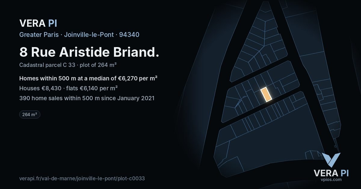 8 Rue Aristide Briand, Joinville-le-Pont at night – the plot lit, the parcels around coloured by the prices near them