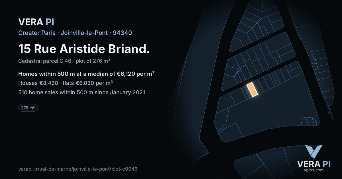 15 Rue Aristide Briand, Joinville-le-Pont at night – the plot lit, the parcels around coloured by the prices near them