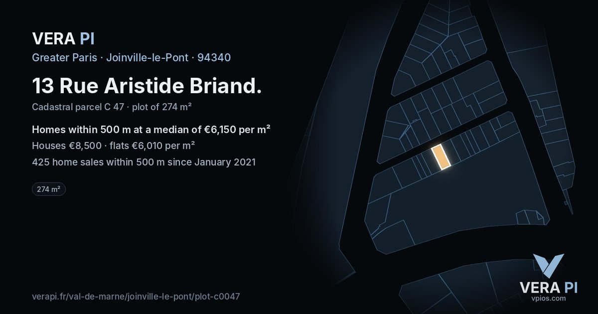 13 Rue Aristide Briand, Joinville-le-Pont at night – the plot lit, the parcels around coloured by the prices near them
