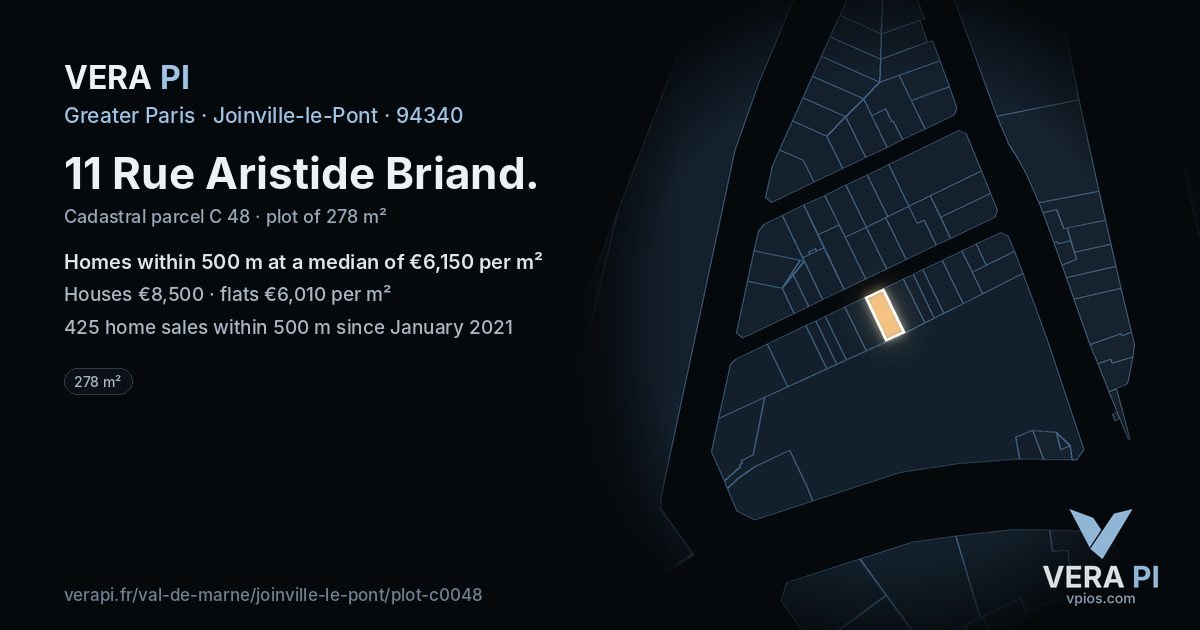 11 Rue Aristide Briand, Joinville-le-Pont at night – the plot lit, the parcels around coloured by the prices near them