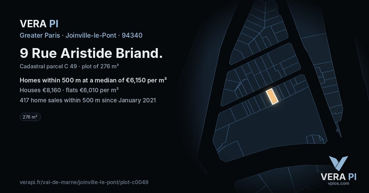 9 Rue Aristide Briand, Joinville-le-Pont at night – the plot lit, the parcels around coloured by the prices near them