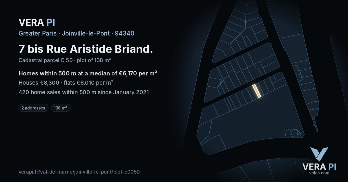 7 bis Rue Aristide Briand, Joinville-le-Pont at night – the plot lit, the parcels around coloured by the prices near them