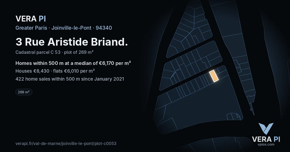 3 Rue Aristide Briand, Joinville-le-Pont at night – the plot lit, the parcels around coloured by the prices near them