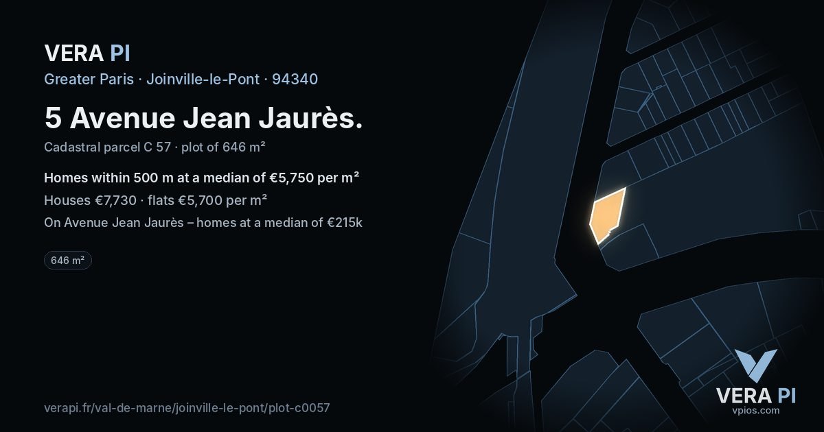 5 Avenue Jean Jaurès, Joinville-le-Pont at night – the plot lit, the parcels around coloured by the prices near them