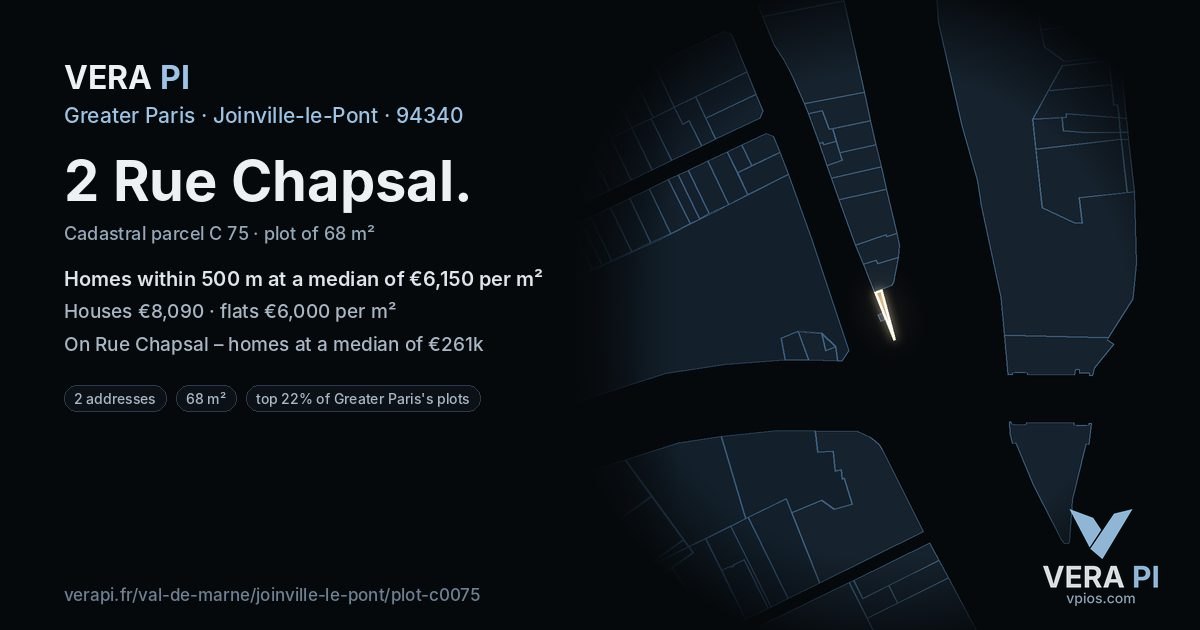 2 Rue Chapsal, Joinville-le-Pont at night – the plot lit, the parcels around coloured by the prices near them