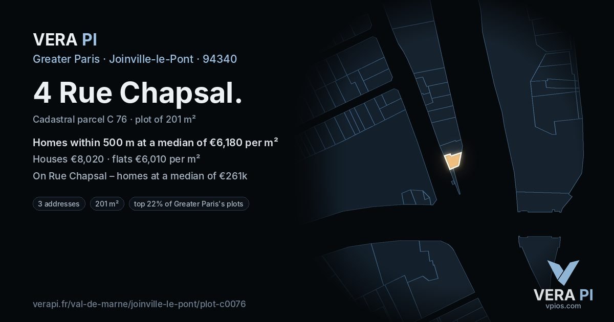 4 Rue Chapsal, Joinville-le-Pont at night – the plot lit, the parcels around coloured by the prices near them