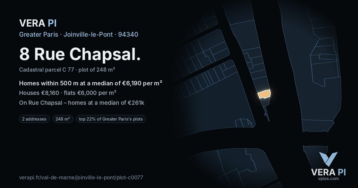 8 Rue Chapsal, Joinville-le-Pont at night – the plot lit, the parcels around coloured by the prices near them