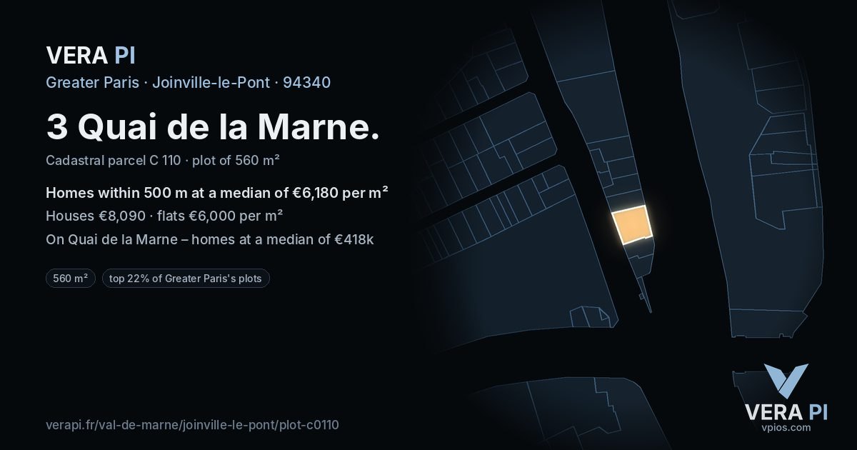 3 Quai de la Marne, Joinville-le-Pont at night – the plot lit, the parcels around coloured by the prices near them