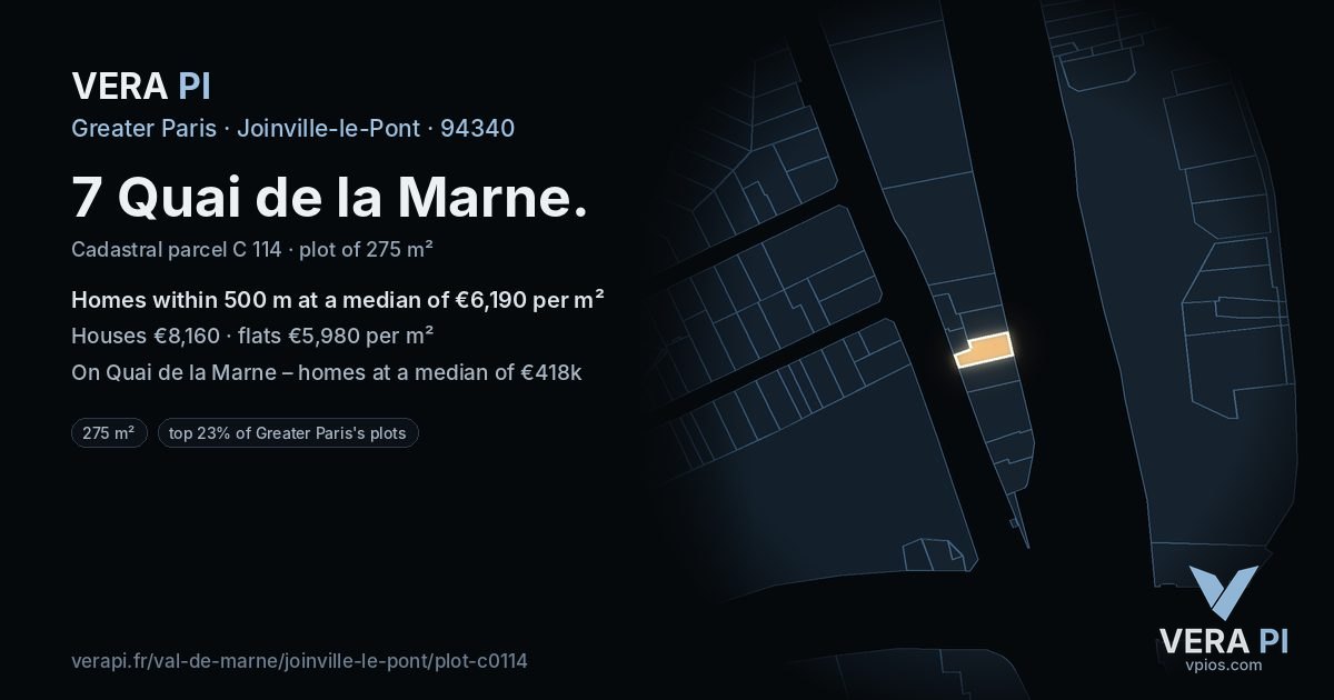 7 Quai de la Marne, Joinville-le-Pont at night – the plot lit, the parcels around coloured by the prices near them
