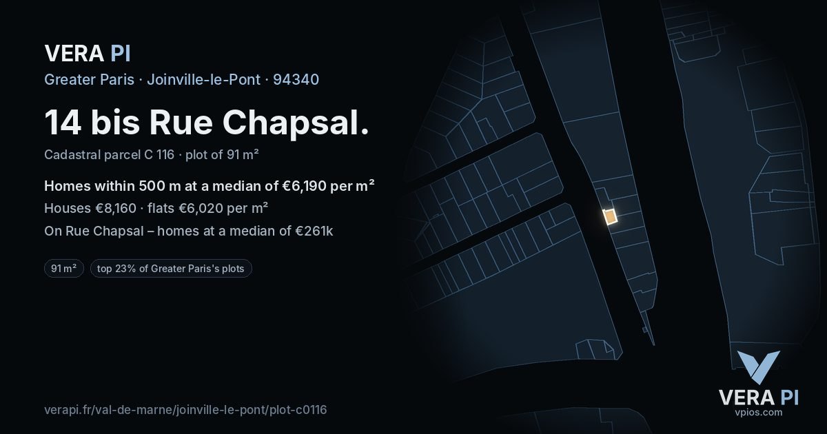 14 bis Rue Chapsal, Joinville-le-Pont at night – the plot lit, the parcels around coloured by the prices near them
