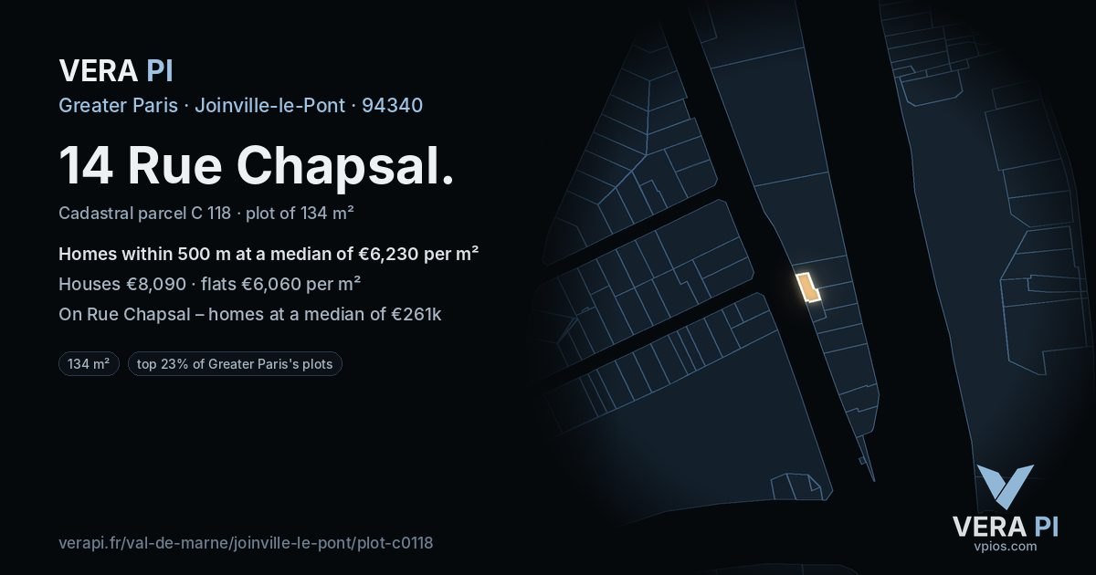 14 Rue Chapsal, Joinville-le-Pont at night – the plot lit, the parcels around coloured by the prices near them