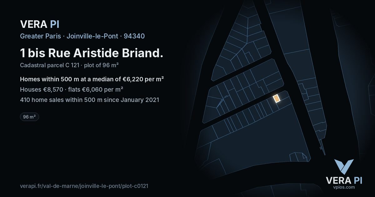1 bis Rue Aristide Briand, Joinville-le-Pont at night – the plot lit, the parcels around coloured by the prices near them