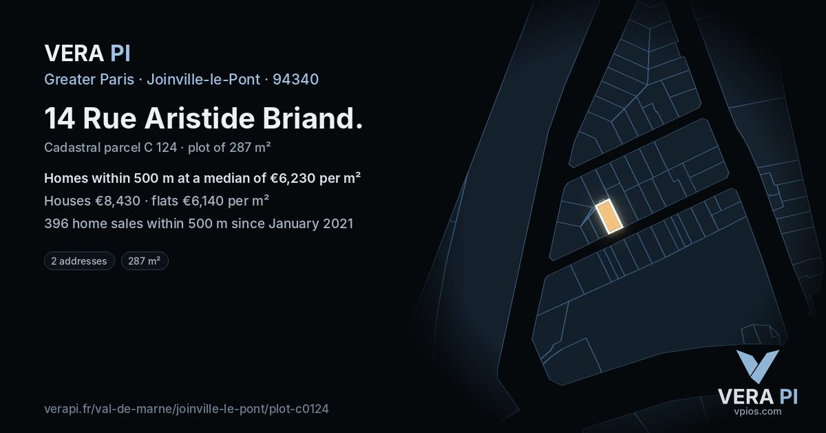 14 Rue Aristide Briand, Joinville-le-Pont at night – the plot lit, the parcels around coloured by the prices near them