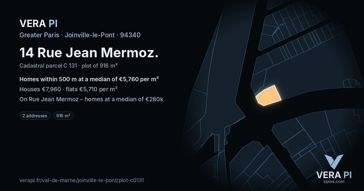 14 Rue Jean Mermoz, Joinville-le-Pont at night – the plot lit, the parcels around coloured by the prices near them