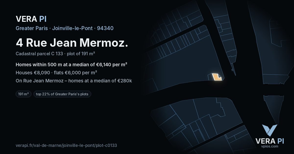 4 Rue Jean Mermoz, Joinville-le-Pont at night – the plot lit, the parcels around coloured by the prices near them