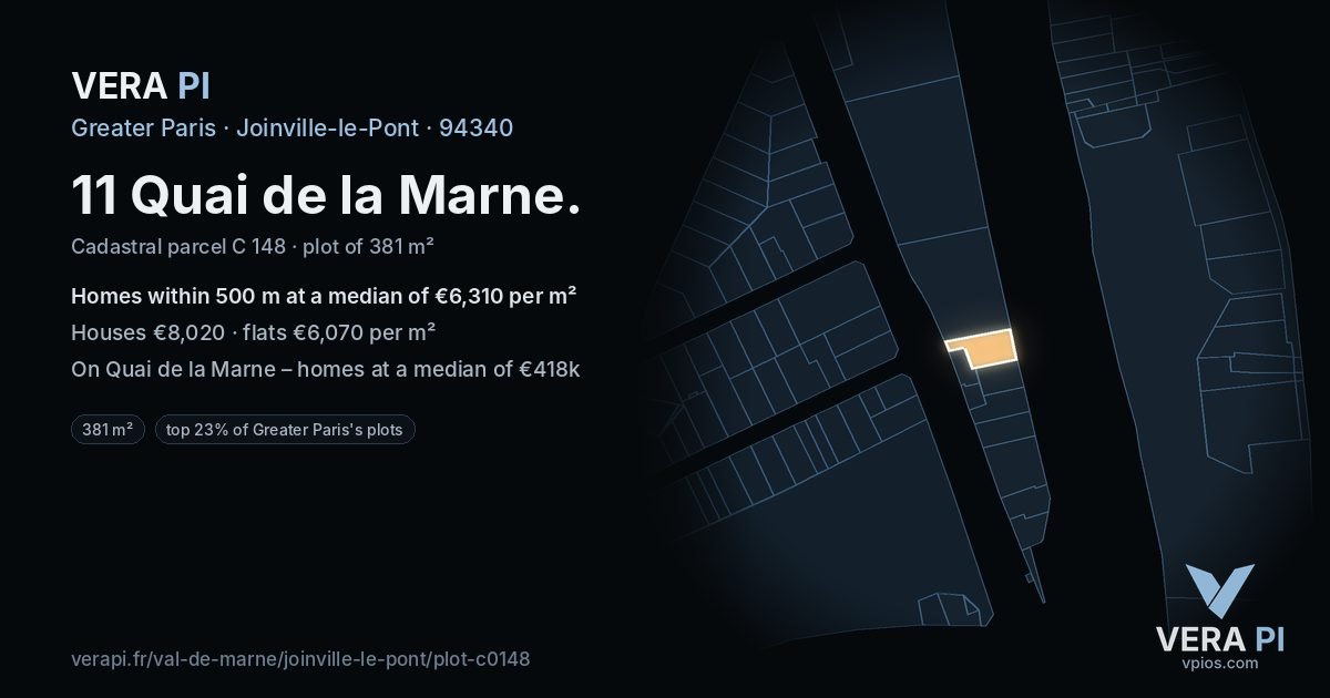 11 Quai de la Marne, Joinville-le-Pont at night – the plot lit, the parcels around coloured by the prices near them