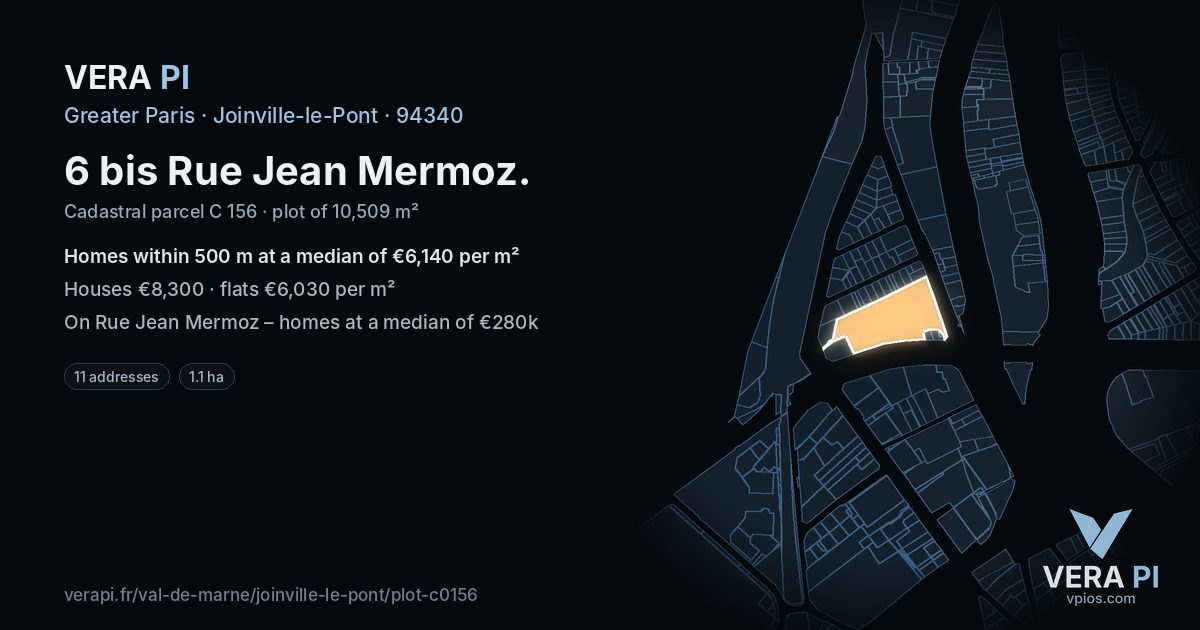 6 bis Rue Jean Mermoz, Joinville-le-Pont at night – the plot lit, the parcels around coloured by the prices near them