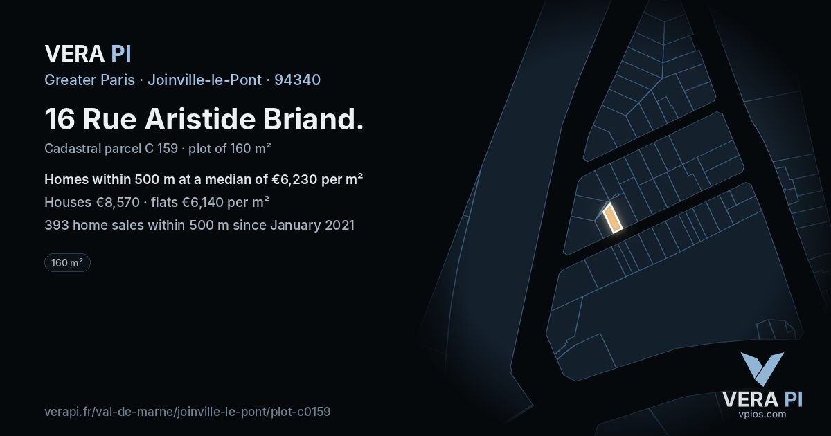 16 Rue Aristide Briand, Joinville-le-Pont at night – the plot lit, the parcels around coloured by the prices near them