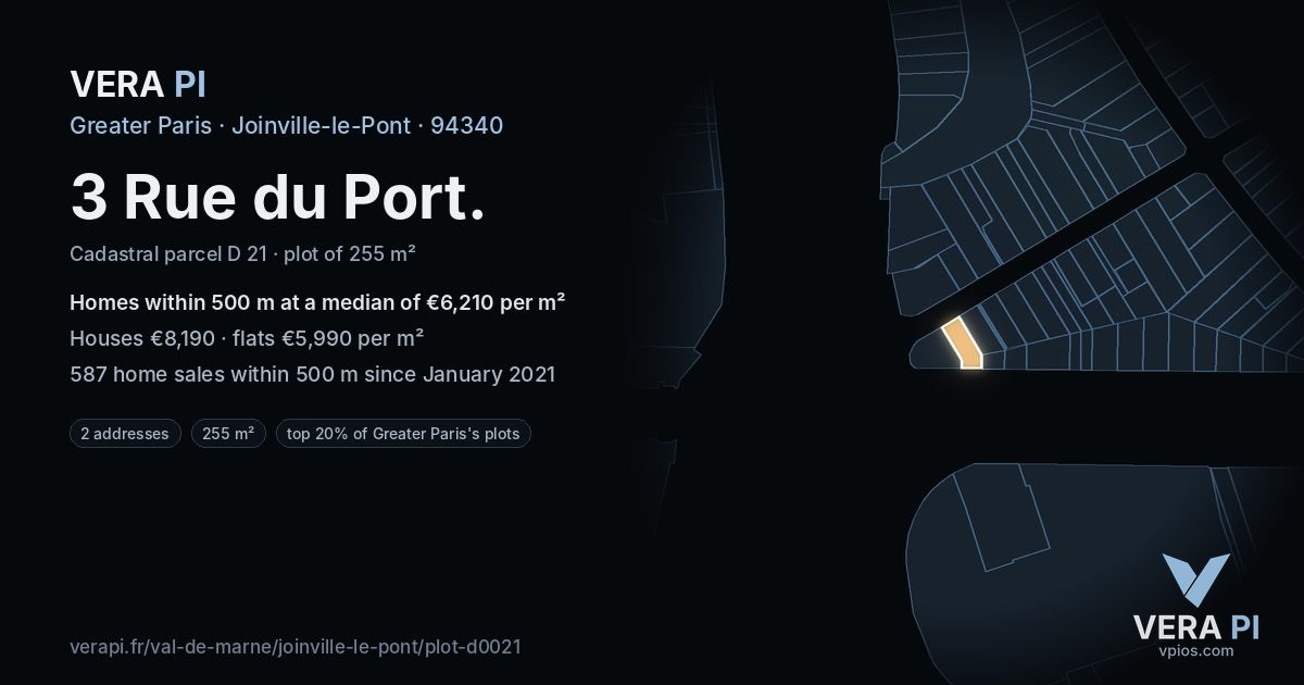 3 Rue du Port, Joinville-le-Pont at night – the plot lit, the parcels around coloured by the prices near them