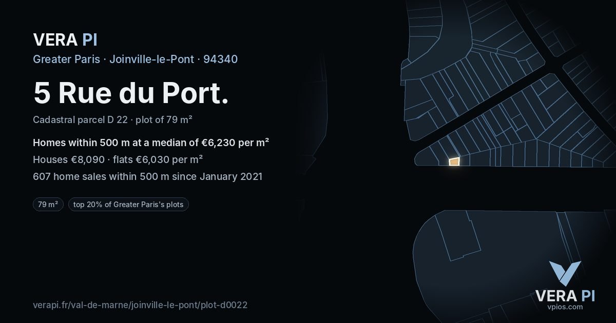 5 Rue du Port, Joinville-le-Pont at night – the plot lit, the parcels around coloured by the prices near them