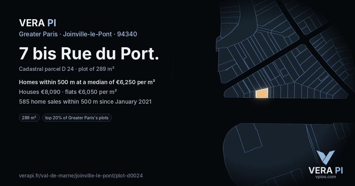 7 bis Rue du Port, Joinville-le-Pont at night – the plot lit, the parcels around coloured by the prices near them