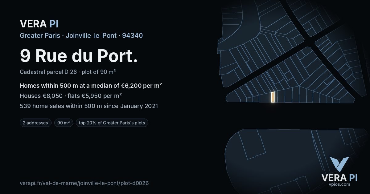 9 Rue du Port, Joinville-le-Pont at night – the plot lit, the parcels around coloured by the prices near them
