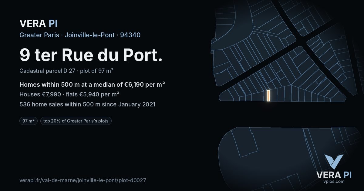 9 ter Rue du Port, Joinville-le-Pont at night – the plot lit, the parcels around coloured by the prices near them