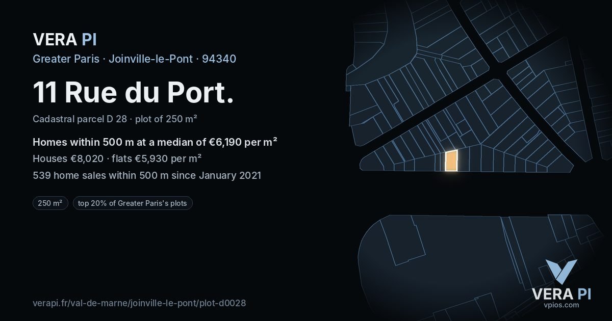 11 Rue du Port, Joinville-le-Pont at night – the plot lit, the parcels around coloured by the prices near them