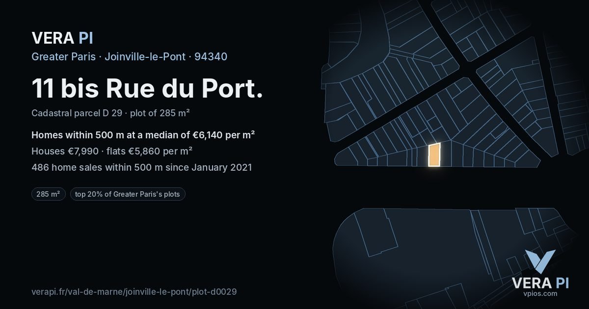 11 bis Rue du Port, Joinville-le-Pont at night – the plot lit, the parcels around coloured by the prices near them