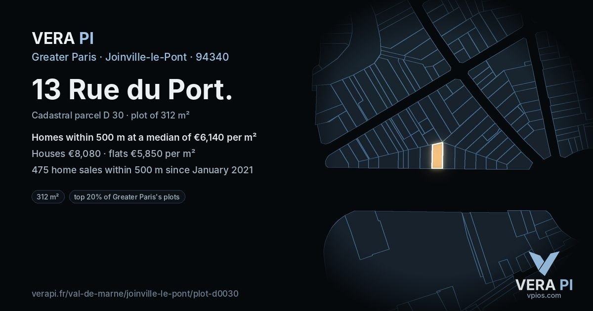 13 Rue du Port, Joinville-le-Pont at night – the plot lit, the parcels around coloured by the prices near them