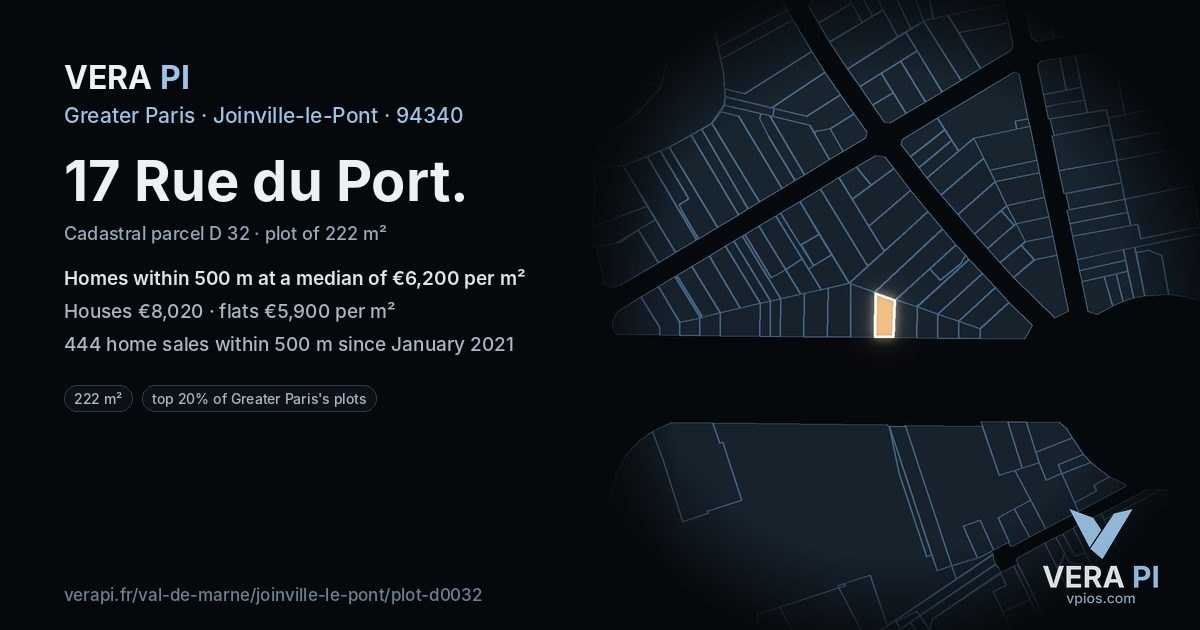 17 Rue du Port, Joinville-le-Pont at night – the plot lit, the parcels around coloured by the prices near them